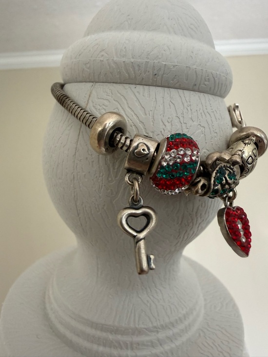 Pandora Jewelry - Pandora Bracelet Sterling Silver Heart Key Charm Bracelet Red & Green Beads